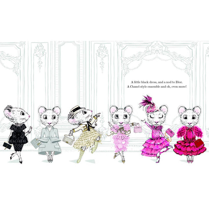 Illustration of stylized mice in fashion attire with decorative frames and text.