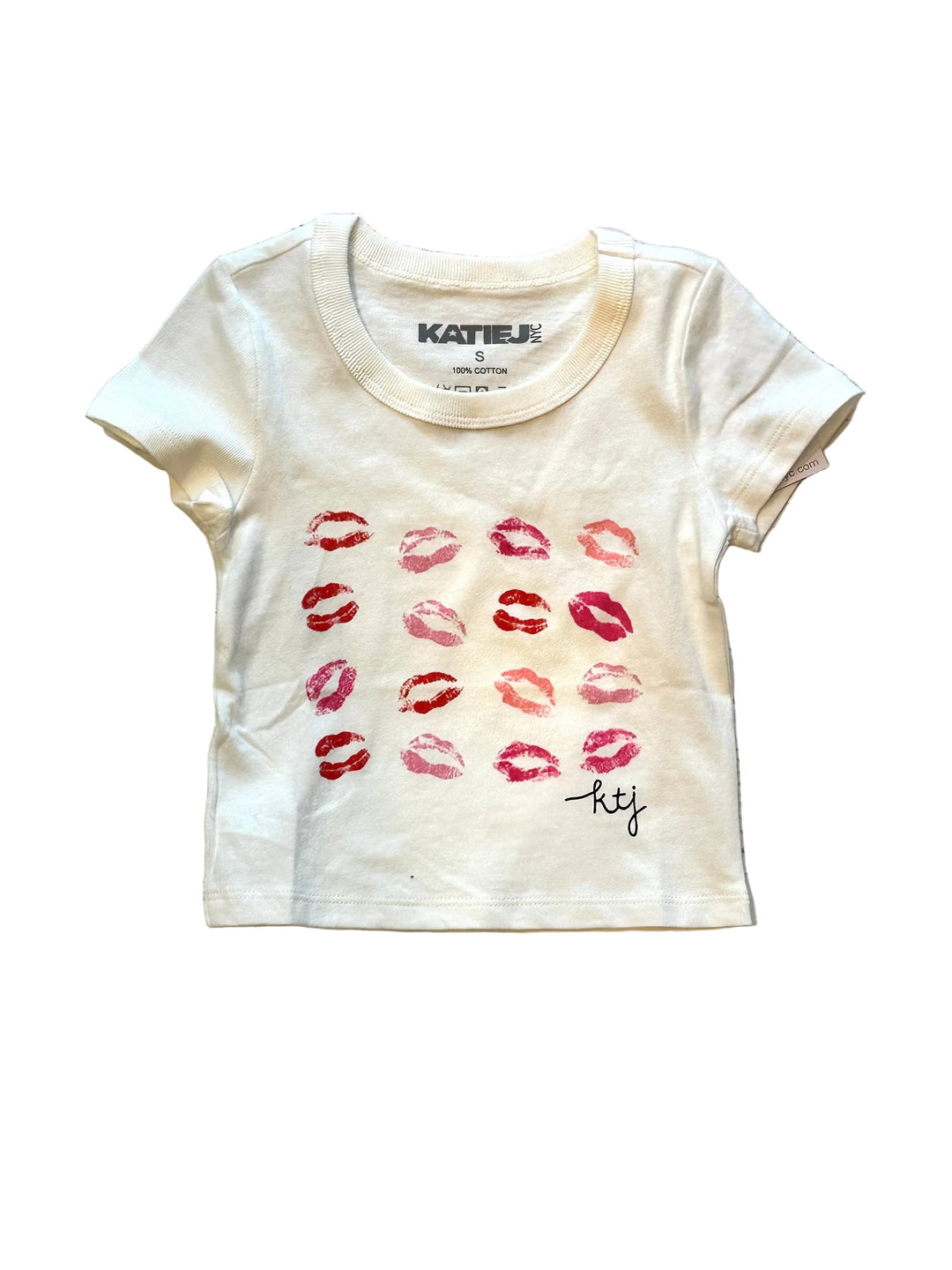 White t-shirt with red lip prints and 'katie j' branding on it 