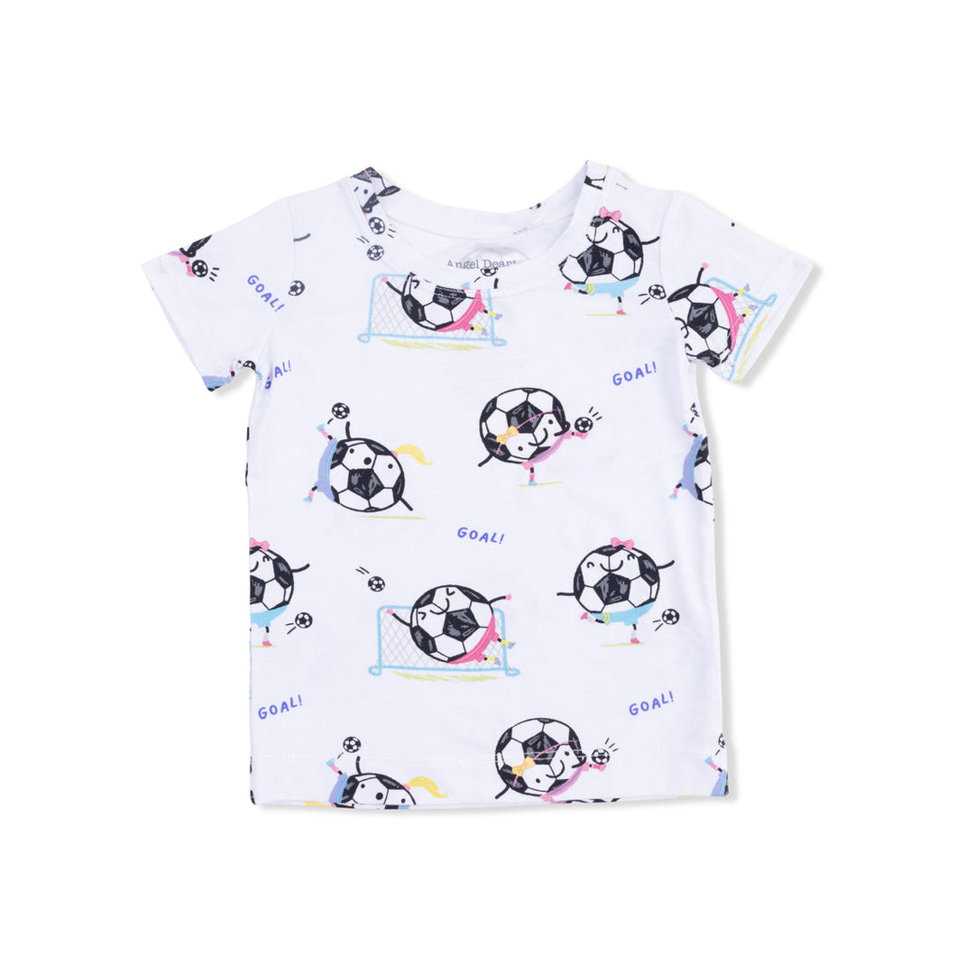 Children's t-shirt with soccer ball and panda design on a white background
