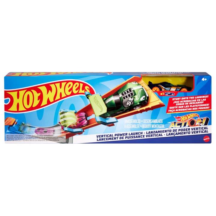 hot wheels car set with race track and small metal car in packaging. 