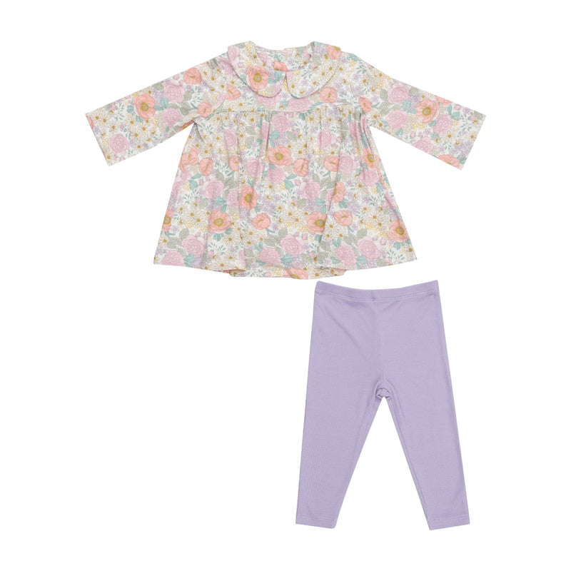 Pastel flowers tunic and lavender leggings. the top has a peter pan collar. 