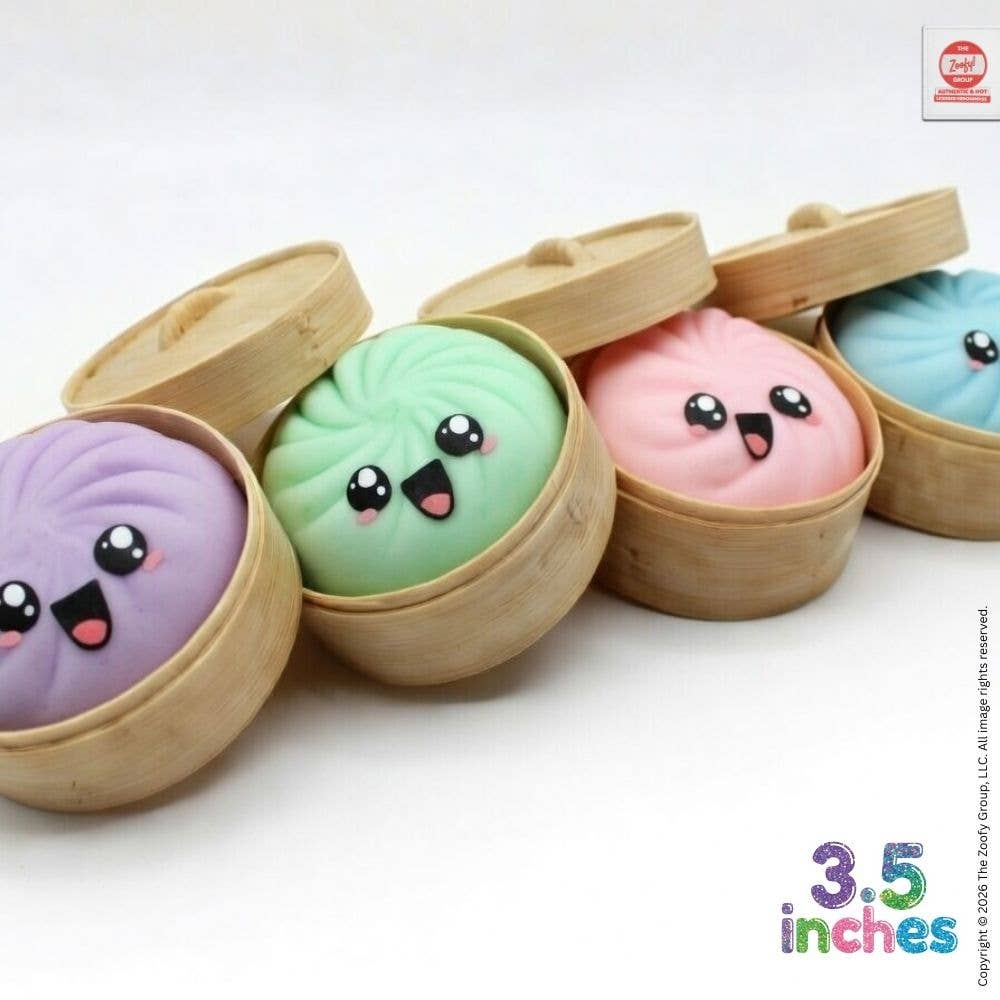 Colorful squishy toys resembling dumplings in wooden containers on a white background.