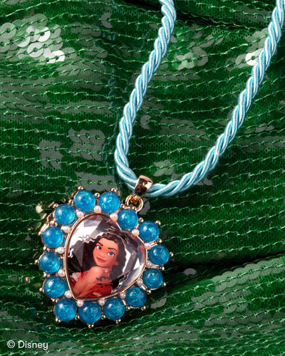 up close look at the details on the locket with Moana's face on it. 