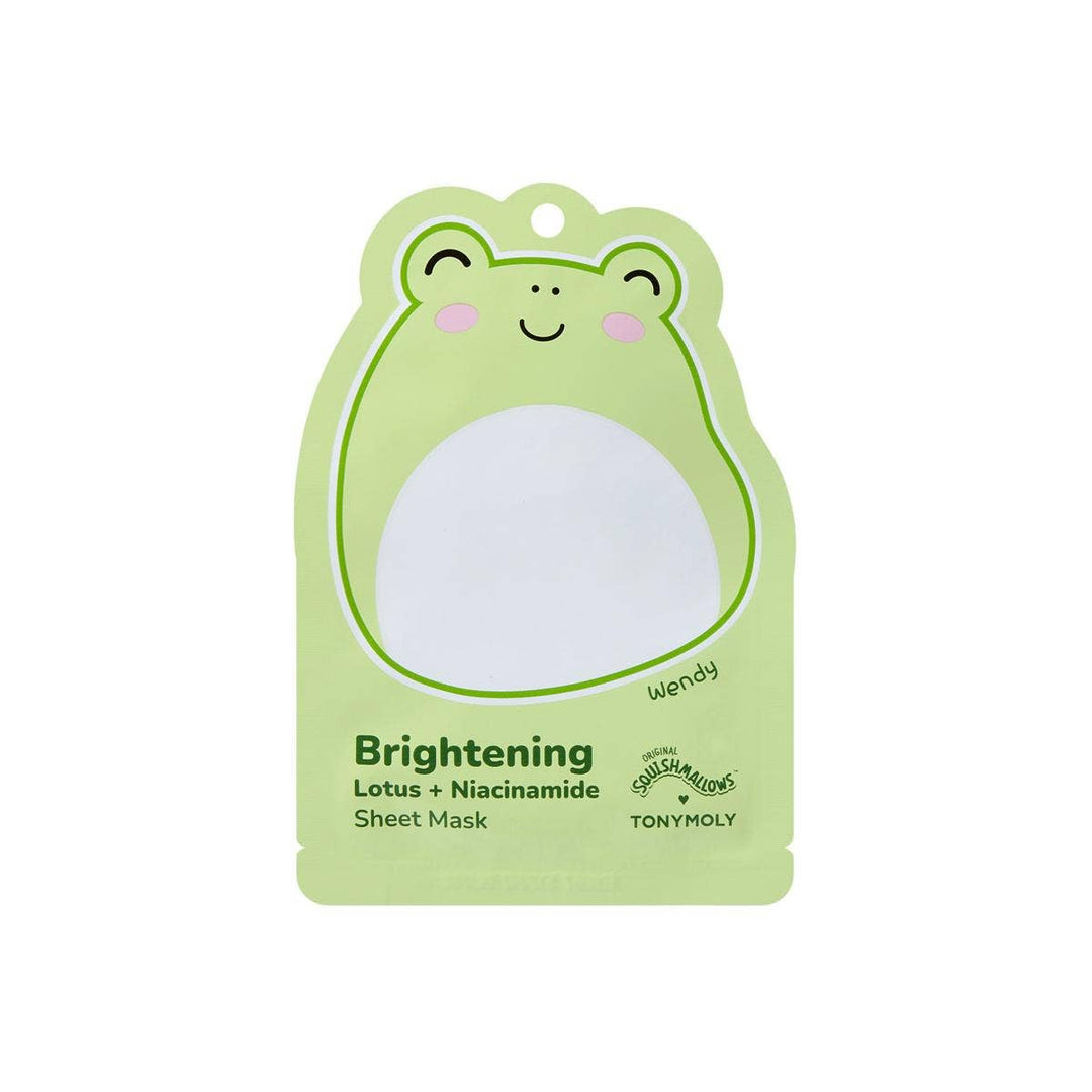 face mask with a squishmallow charachter on the mask. this mask has Wendy the green frog and she is smiling. 