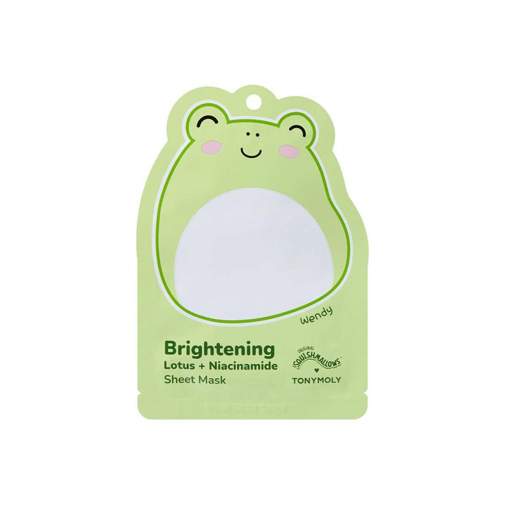 face mask with a squishmallow charachter on the mask. this mask has Wendy the green frog and she is smiling. 