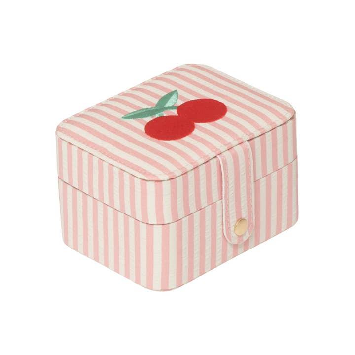 pink and beige striped jewelry box with button fastener to shut the box with embroidered cherries on the top. 