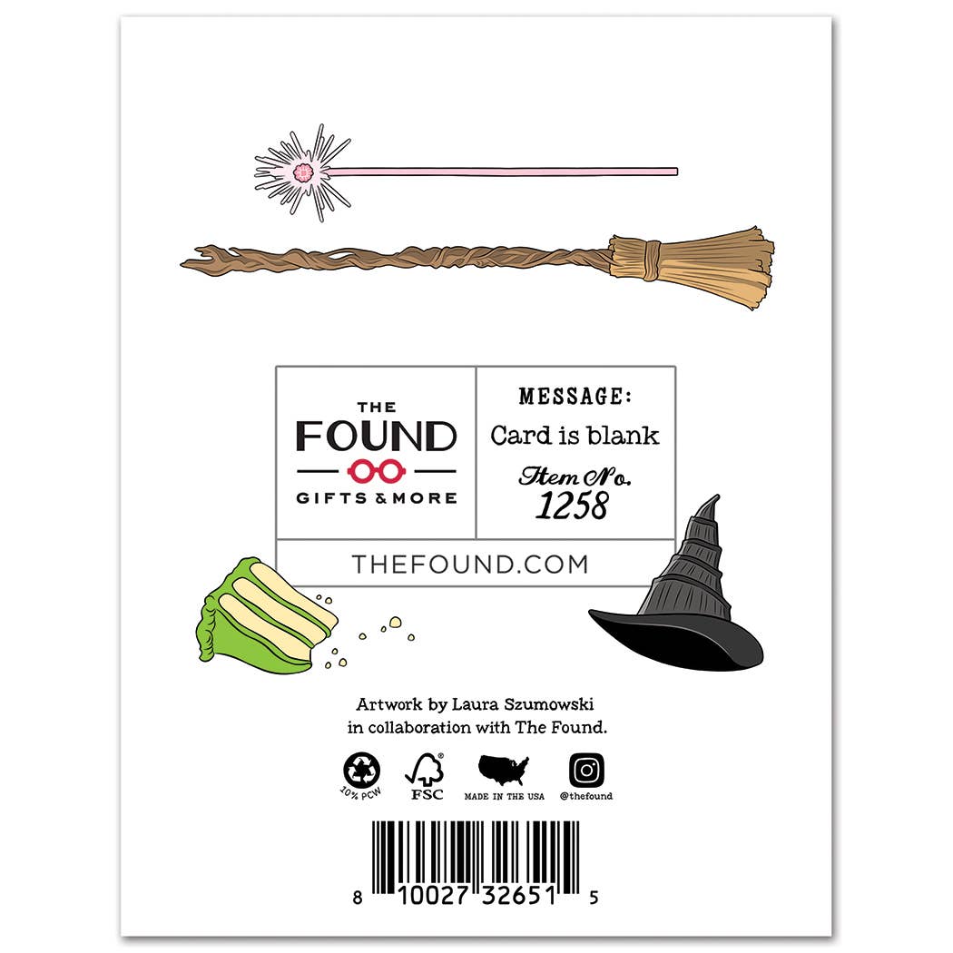 Back of a card with illustrations of a broom, wand, and hat, featuring 'The Found' branding.