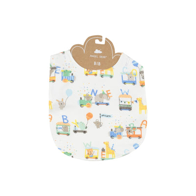 animal train print all over a white bib that snaps in the back. 