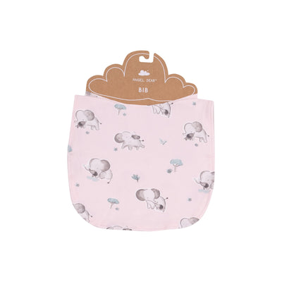 pink bib with gray elephants all over and snap in the back