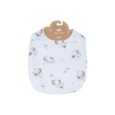 blue bib that snaps in the back with gray elephants all over it. 