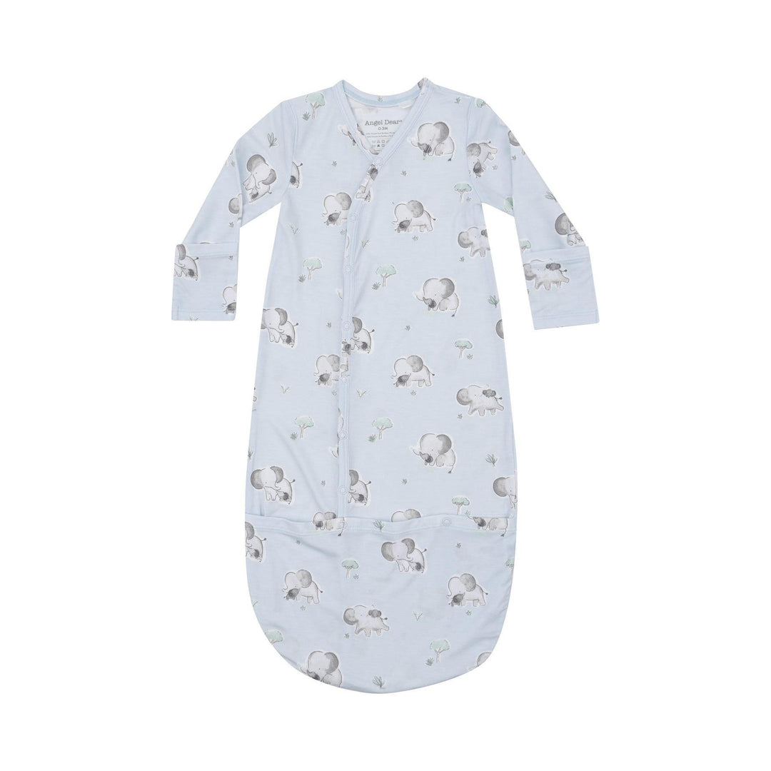 baby bundle gown in light blue with baby elephant print all over. 