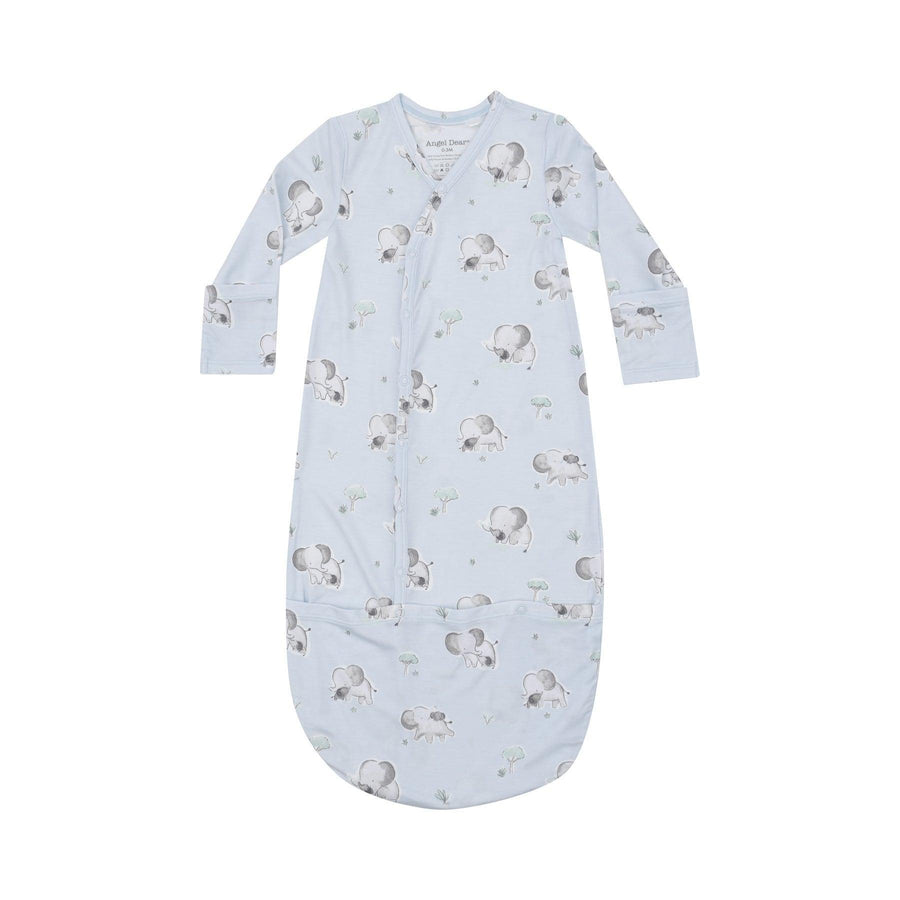 baby bundle gown in light blue with baby elephant print all over. 