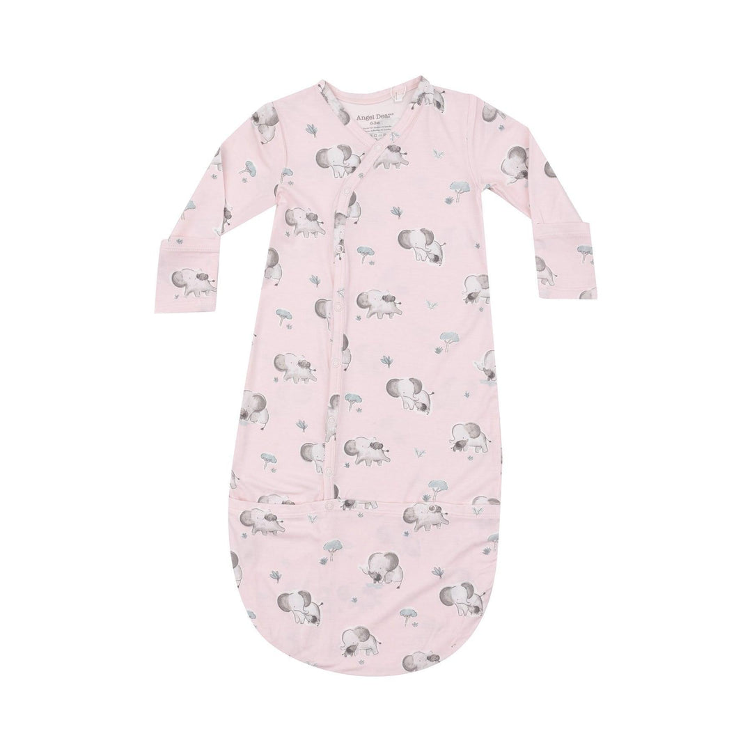 light pink bundle gown with gray elephants all over 