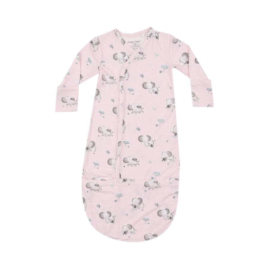 light pink bundle gown with gray elephants all over 