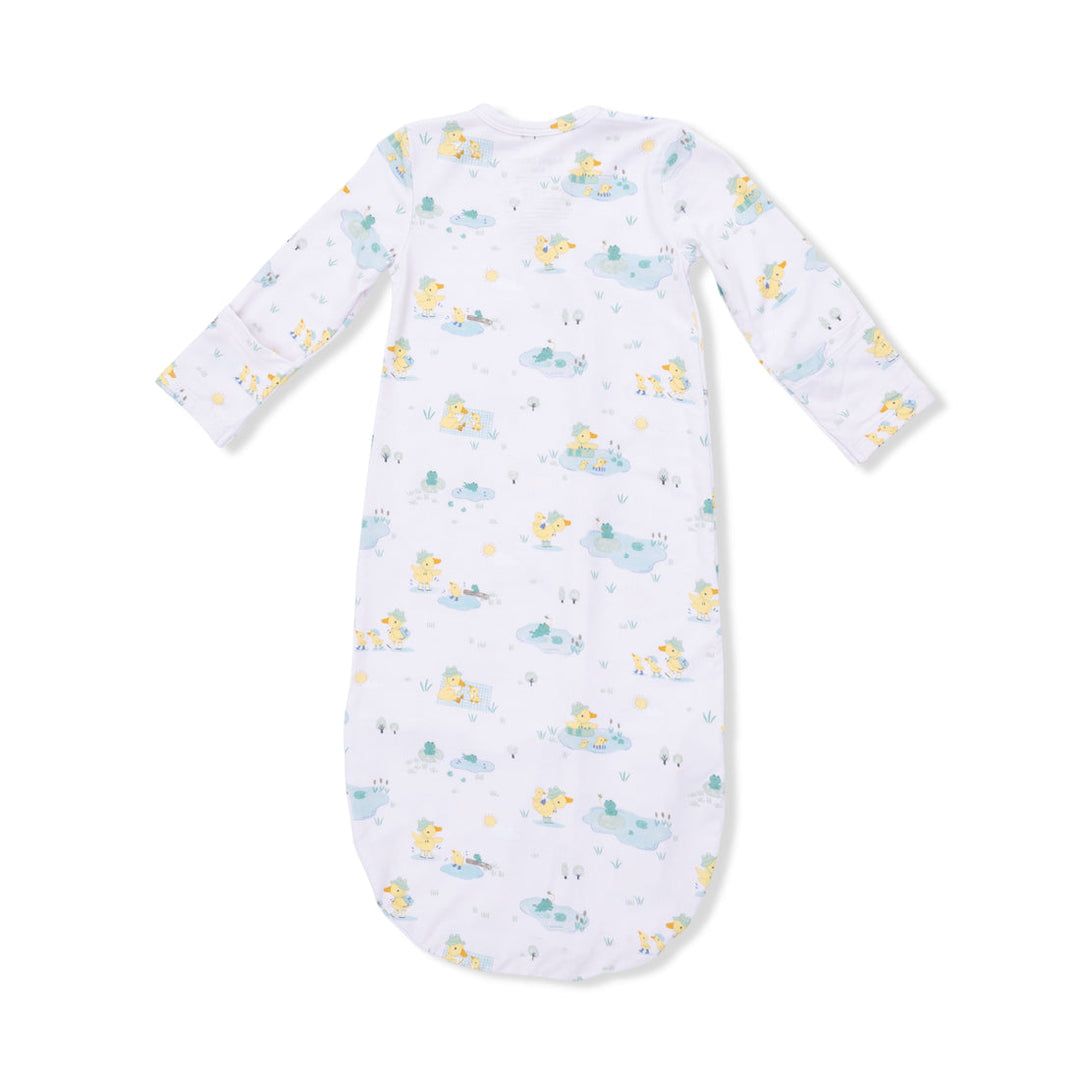 back of baby newborn gown with duck pond pattern all over. 