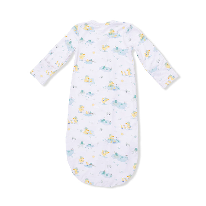 back of baby newborn gown with duck pond pattern all over. 