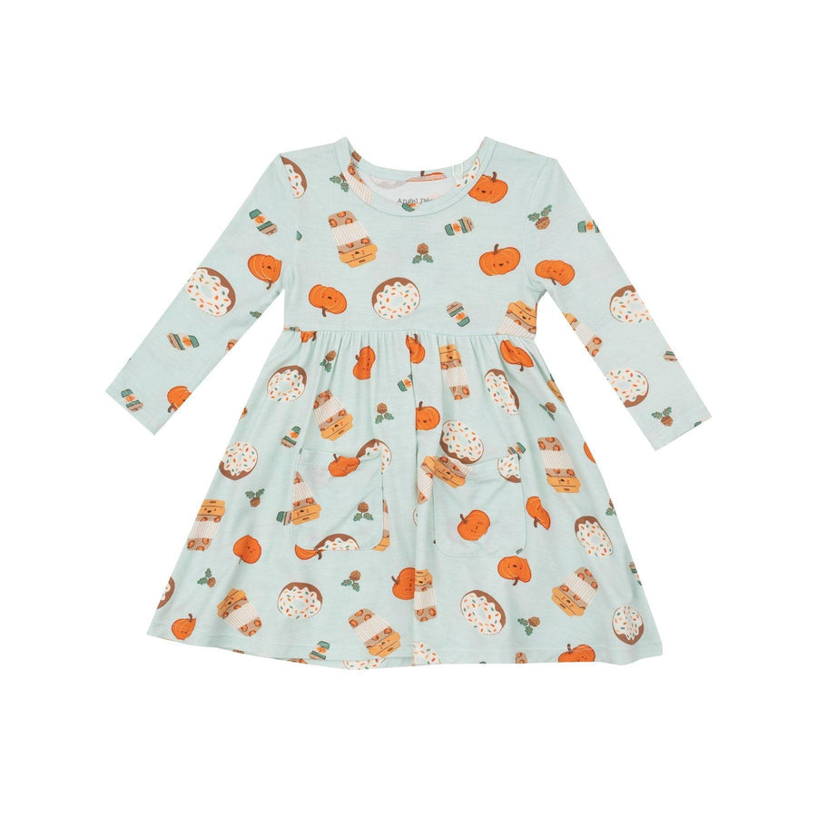 sage green dress with pumpkin spice lattes, donuts and pumpkins all over it. 