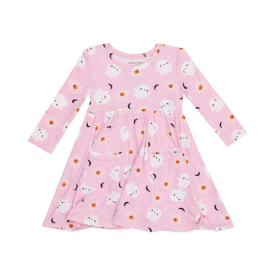 pink twirl dress with ghosts and daisies with pumpkin centers and crescent moons all over the dress. 