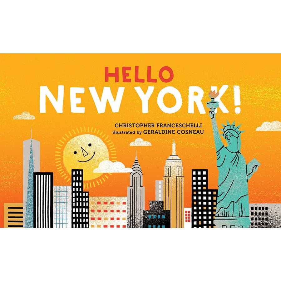 Book cover of 'Hello New York!' with a colorful illustration of the Statue of Liberty and city skyline.