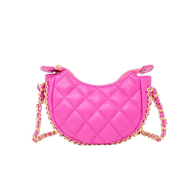hot pink quilted hobo crossbody bag with shoulder strap and gold hardware
