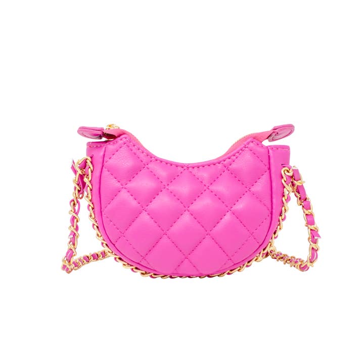 hot pink quilted hobo crossbody bag with shoulder strap and gold hardware