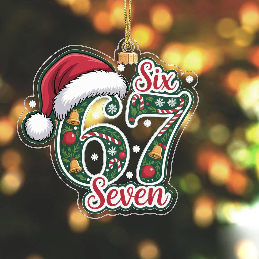 Decorative Christmas ornament with numbers '67' and Santa hat on a blurred festive background.