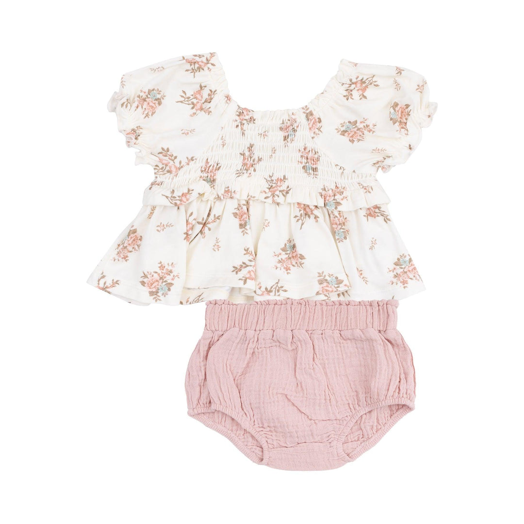 baby girl outfit set. beige peplum top with dusty rose vintage rose print all over and dusty rose organic cotton muslin bloomers. 