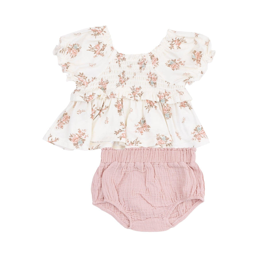 baby girl outfit set. beige peplum top with dusty rose vintage rose print all over and dusty rose organic cotton muslin bloomers. 