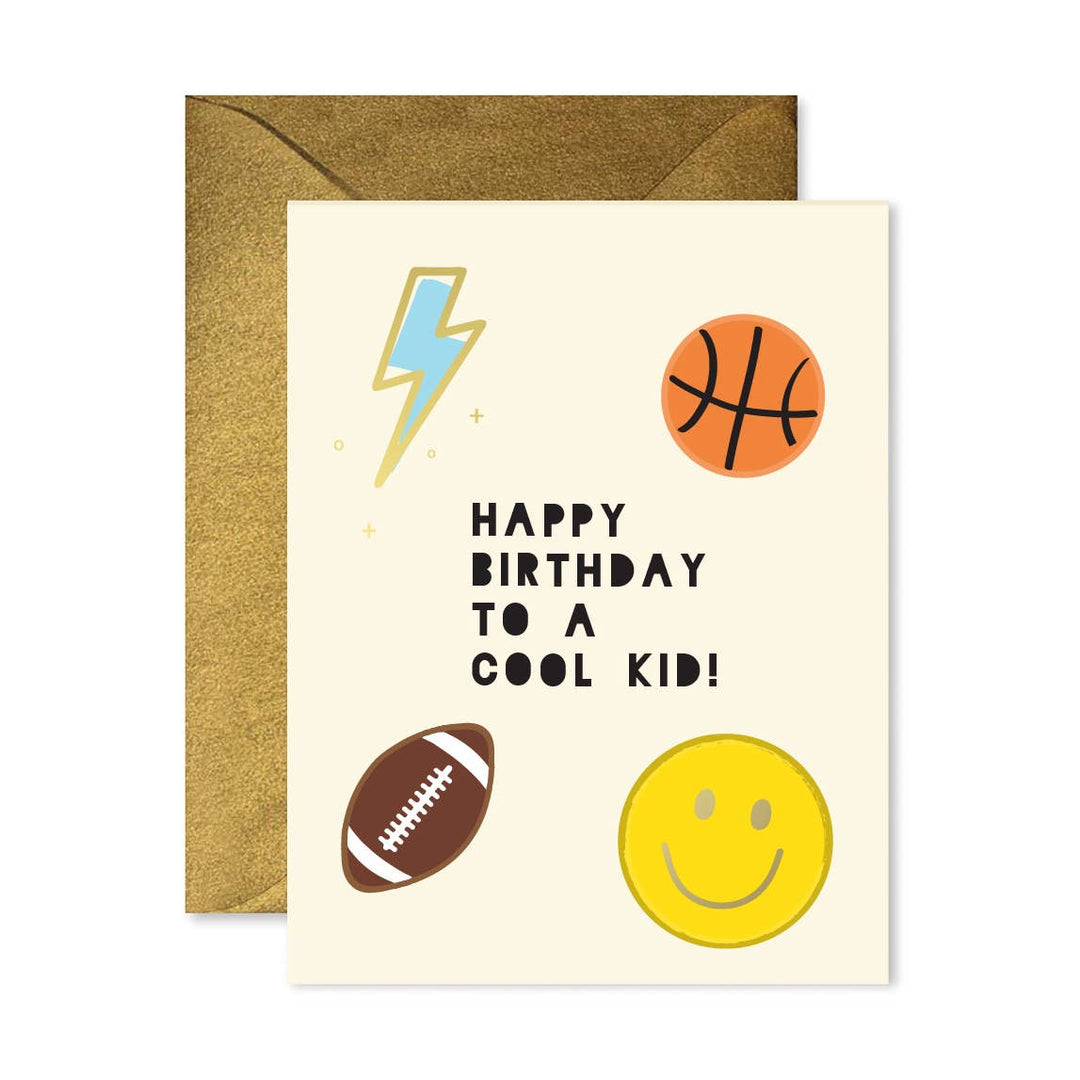 Birthday card with sports-themed illustrations and text on a white background