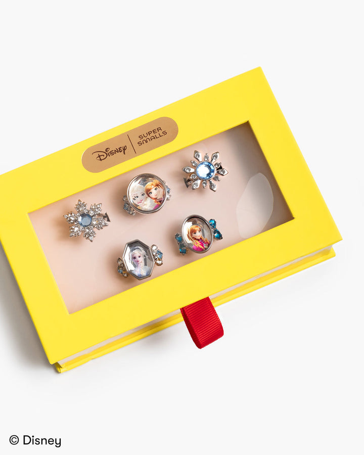 Set of Disney rings in a yellow box with a red tag on a white background