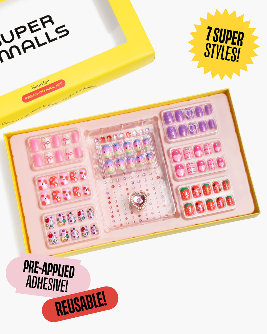 Nail art kit with various designs and pre-applied adhesive, featuring 'Super Malls' branding.
