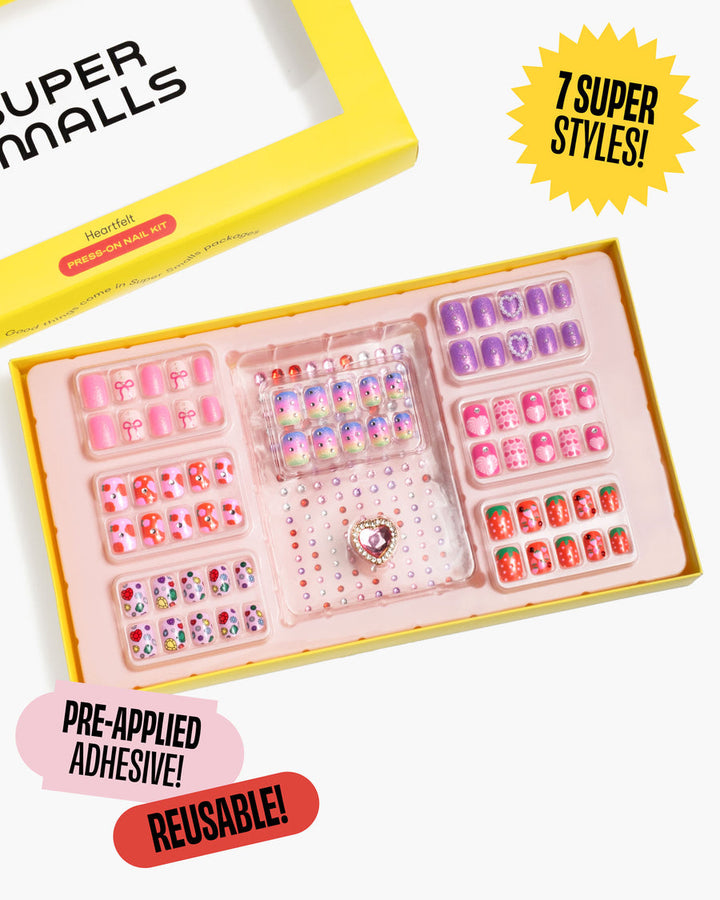 Nail art kit with various designs and pre-applied adhesive, featuring 'Super Malls' branding.