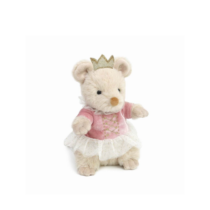 small beige mouse dressed up in a pink velvet tutu and gold crown