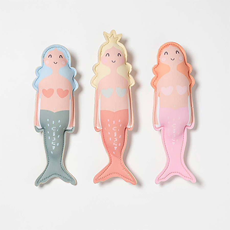 set of 3 diving toys for the pool, all mermaids: orange hair, yellow hair and blue hair. 