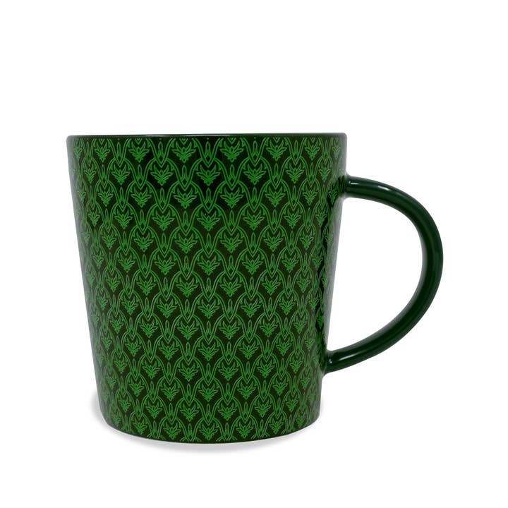 The backside of the mug does not have a saying on it and has the whimsical green print