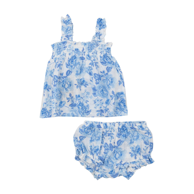 Baby Girls Dress | Ruffly Strap Top and Bloomer- Blue Roses | Angel Dear