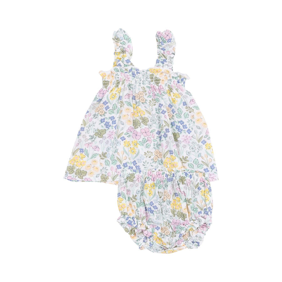 pastel floral dress and bloomer. straps are a gathered ruffle strap and have a matching bloomer. colors are mainly purple, yellow and blue
