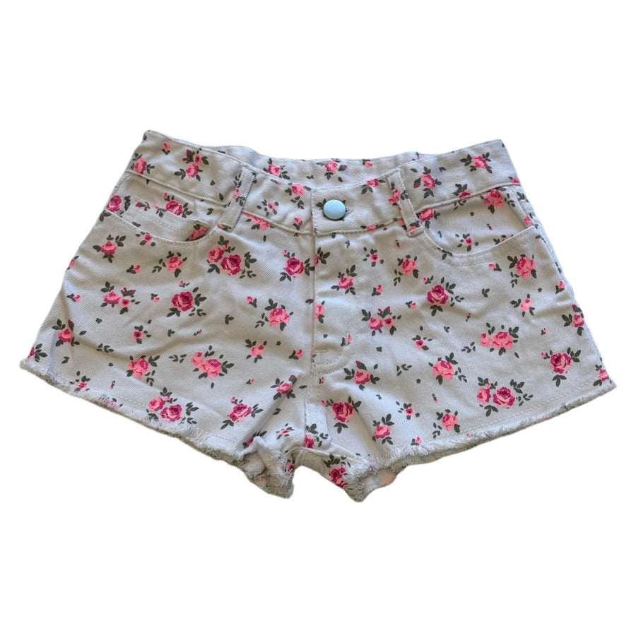 white twill cut off shorts with hot pink roses. a liberty type floral print. 