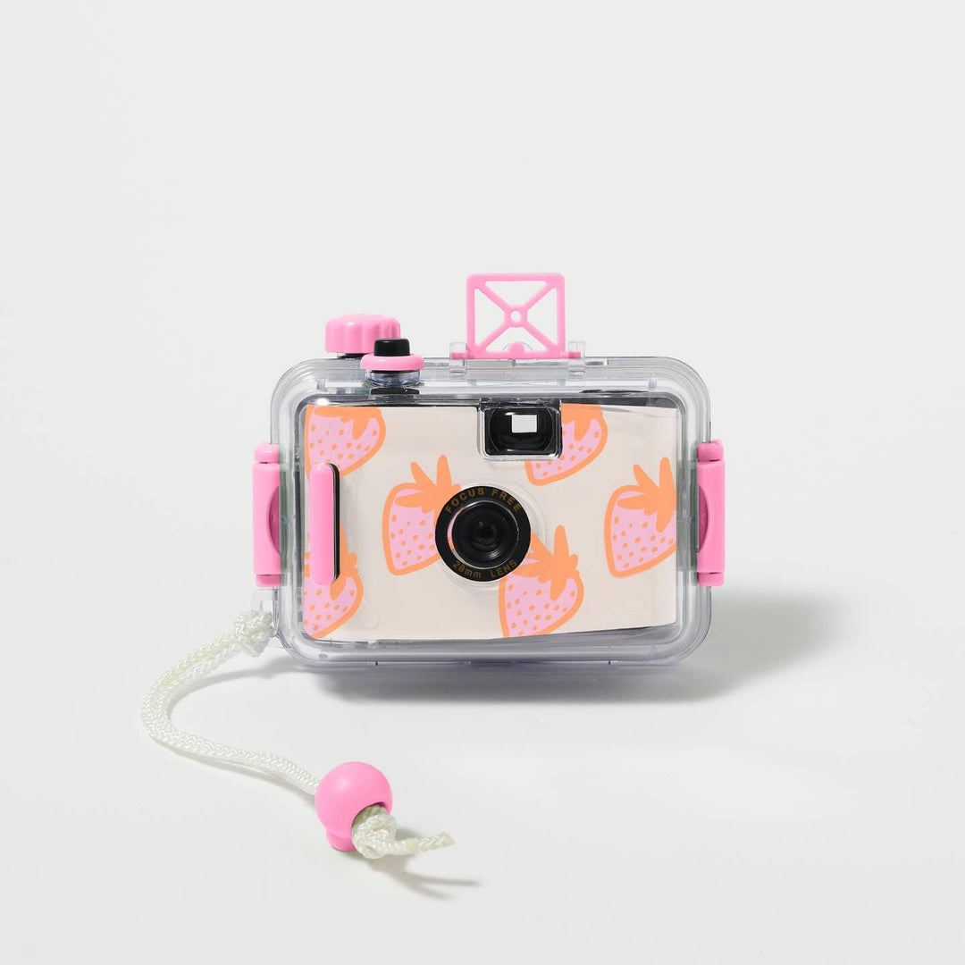 underwater camera with strawberry print on the front of the camera. pink accents on a clear case
