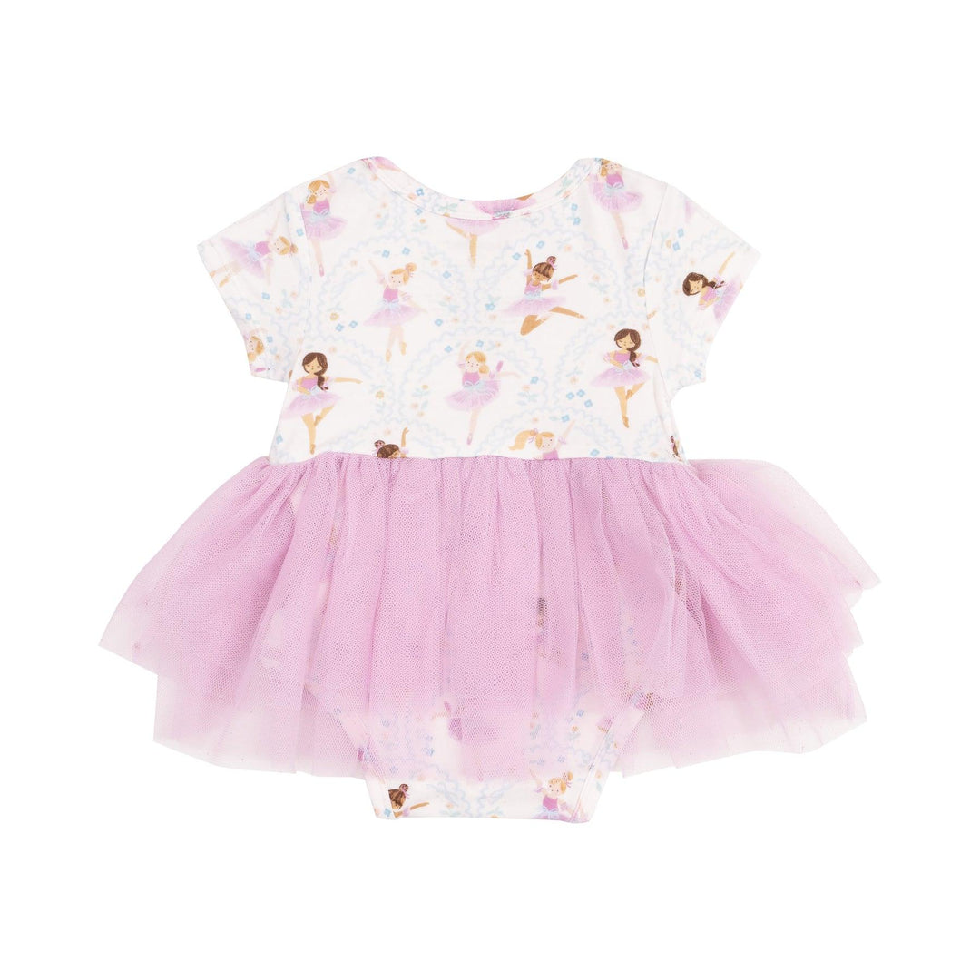 baby girl bodysuit with pastel ballerinas dancing about the bodysuit. lavender tutu attached. 