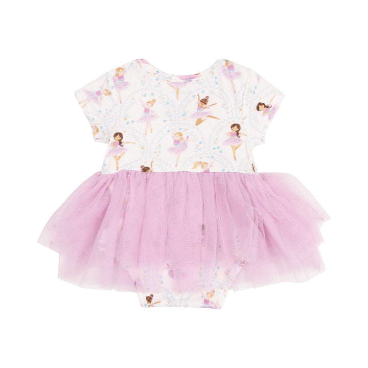 baby girl bodysuit with pastel ballerinas dancing about the bodysuit. lavender tutu attached. 