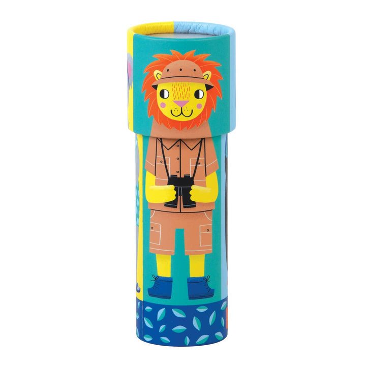 kaleidescope top with Colorful cylindrical container with a cartoon lion design on a white background