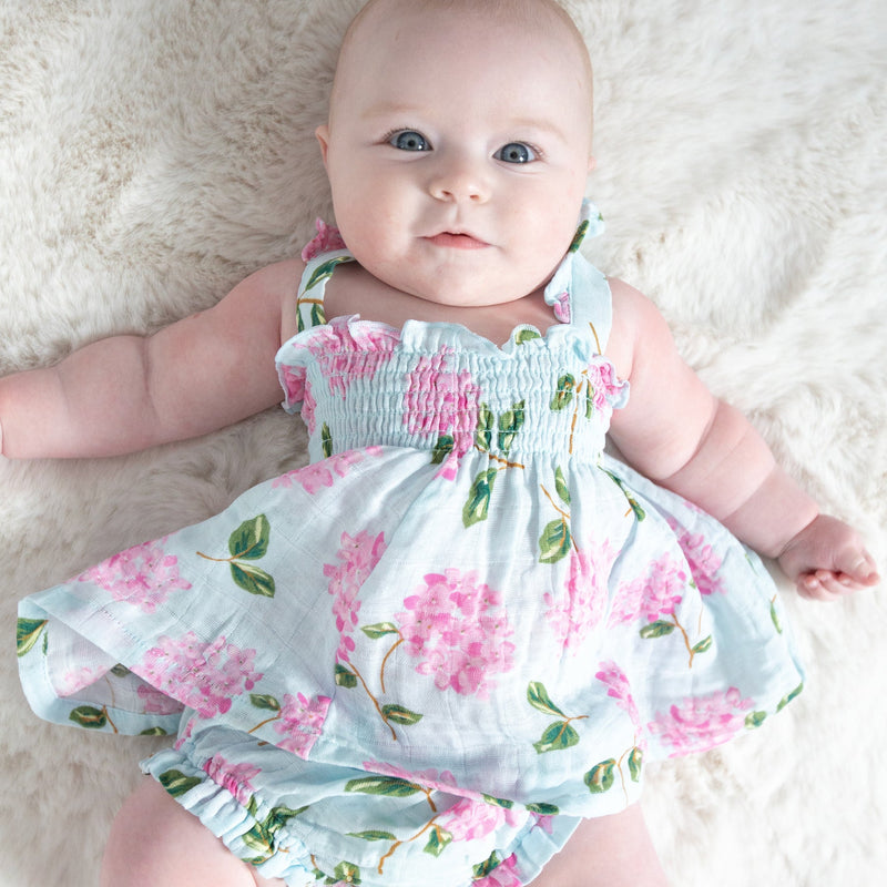 Baby Girls Dress | Ruffly Strap Smocked Top and Diaper Cover- Hydrangeas | Angel Dear