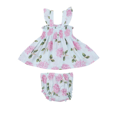 Baby Girls Dress | Ruffly Strap Smocked Top and Diaper Cover- Hydrangeas | Angel Dear