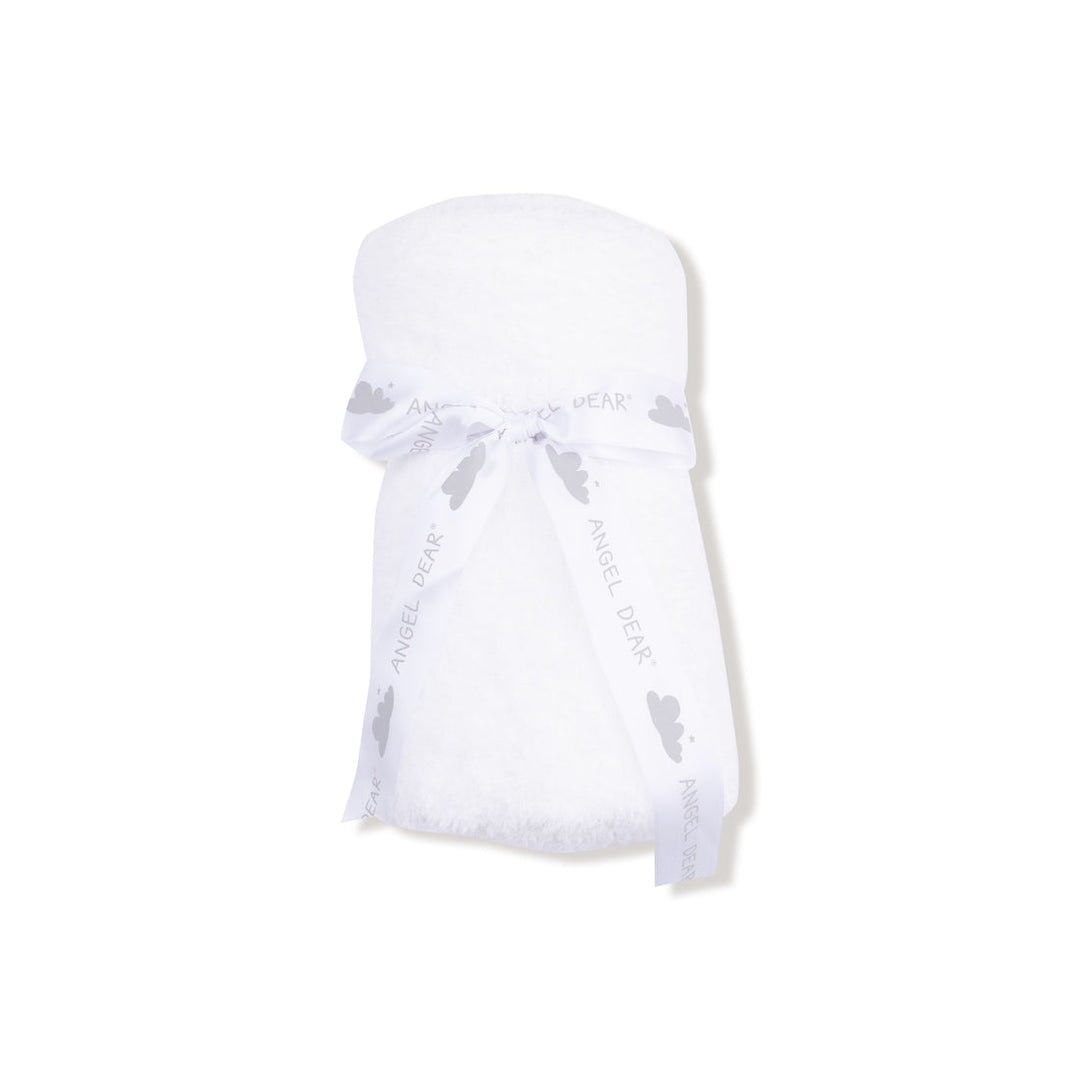White plush blanket with brand logo on a white background