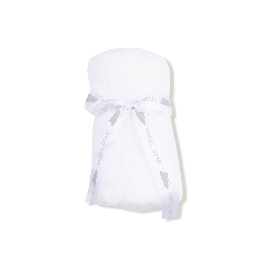 White plush blanket with brand logo on a white background