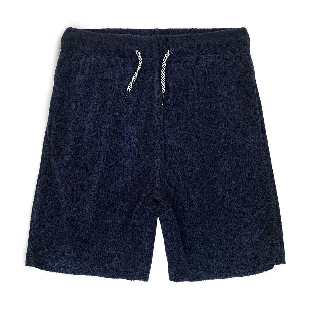 navy terry cloth shorts with elastic waist. 