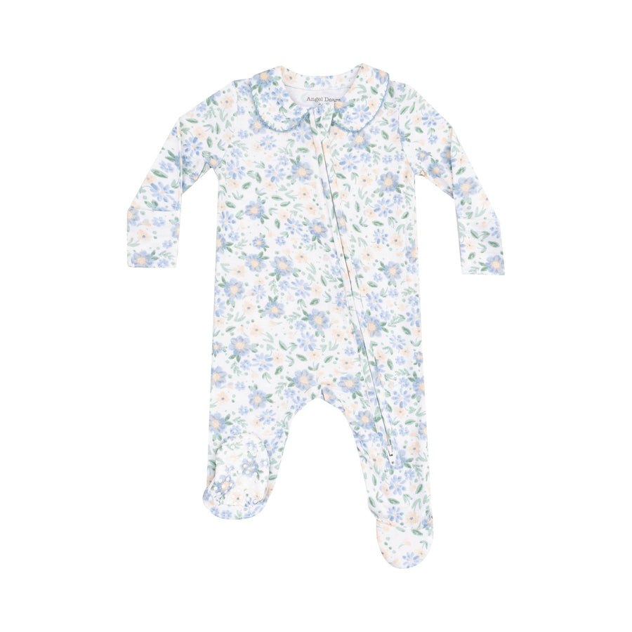 soft pastel floral footie with peter pan collar and 2 way zipper. 