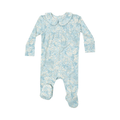 blue and ivory floral baby footie. peter pan collar and smocking at the top of the footie. 