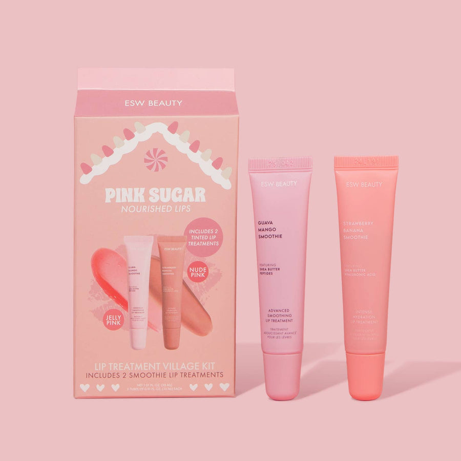 ESW Beauty Pink Sugar lip treatment village kit on a pink background